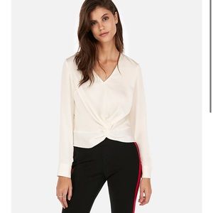 Express Ivory Satin Twisted Hem Long Sleeve V Neck Blouse | Medium
